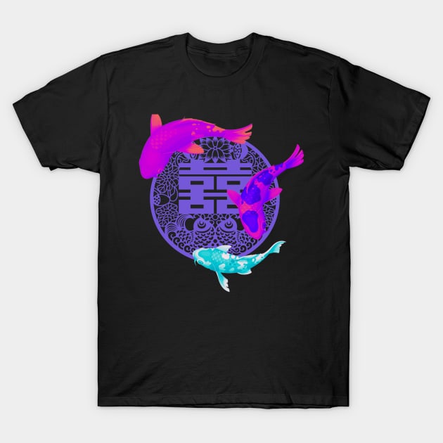 Double Happiness with Vivid Koi Fish and Purple Symbol - Hong Kong Retro T-Shirt by CRAFTY BITCH